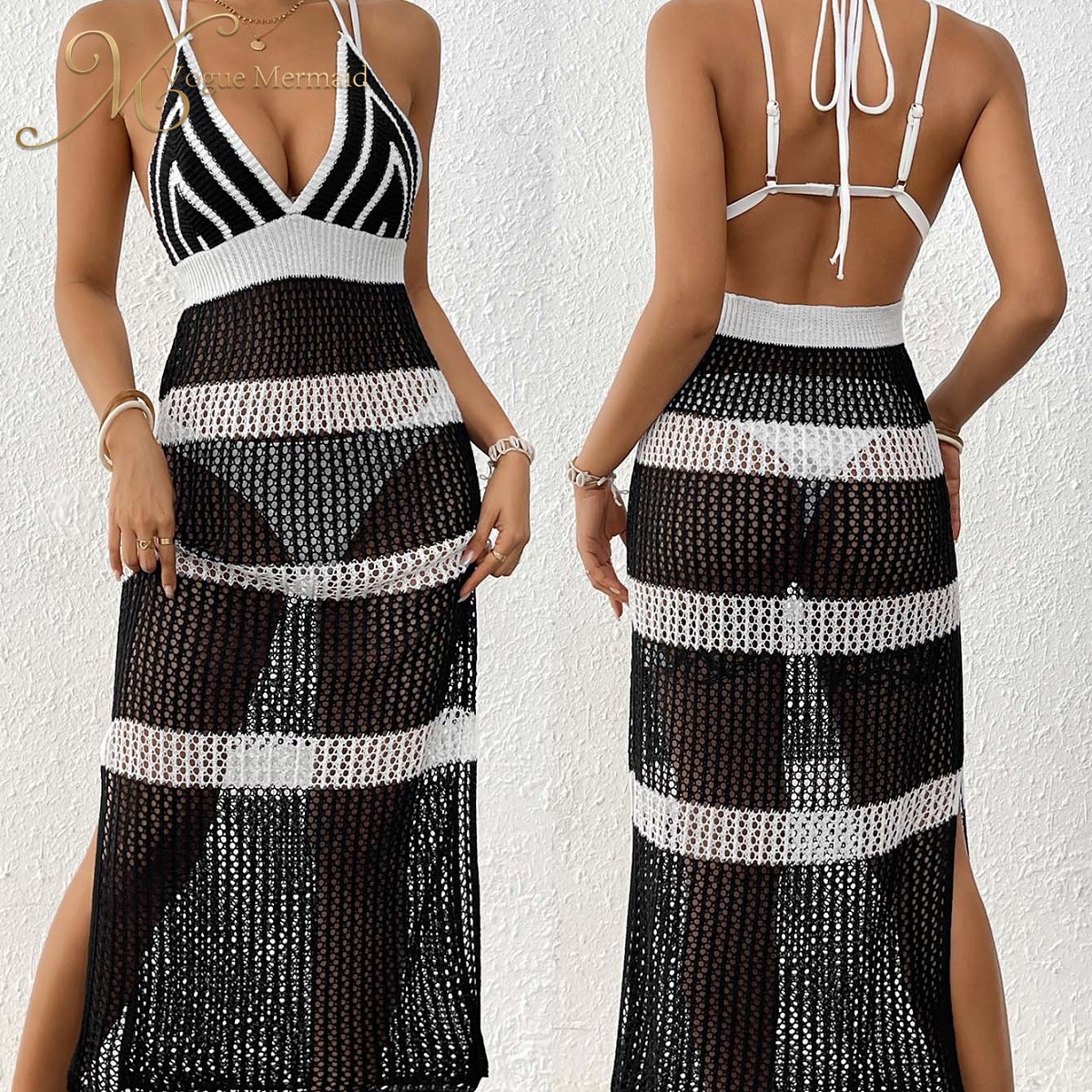 Black and White Splice Strap Slim Beach Dresses For Women